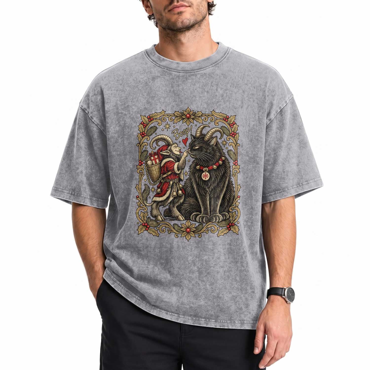 Christmas Boop Yule Cat Krampus Washed Cotton T-Shirt Gothic Folklore Vintage Holiday Gift