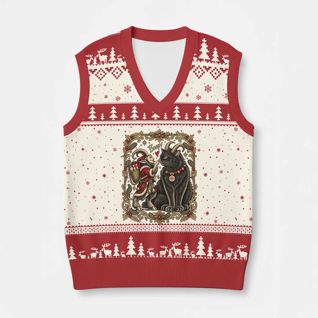 Xmas Boop Yule Cat Krampus V-Neck Knit Sweater Vest Gothic Folklore Vintage Holiday Gift