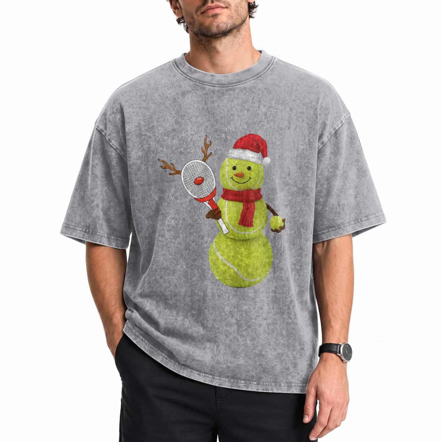Funny Christmas Tennis Snowman Washed Cotton T-Shirt Tennis Lover Gift