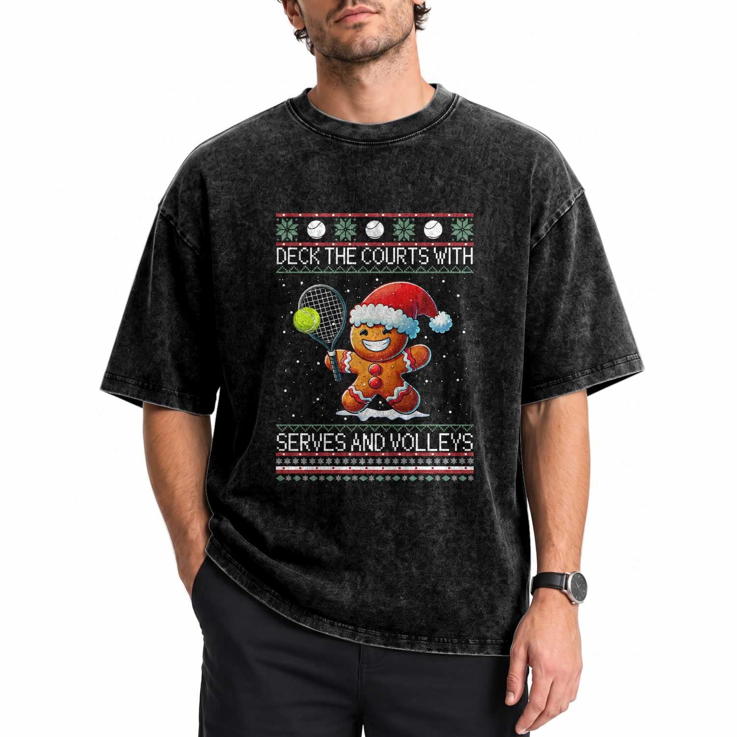 Funny Tennis Ugly Christmas Gingerbread Player Gift Washed Cotton T-Shirt Deck The Courts With Serves And Volleys