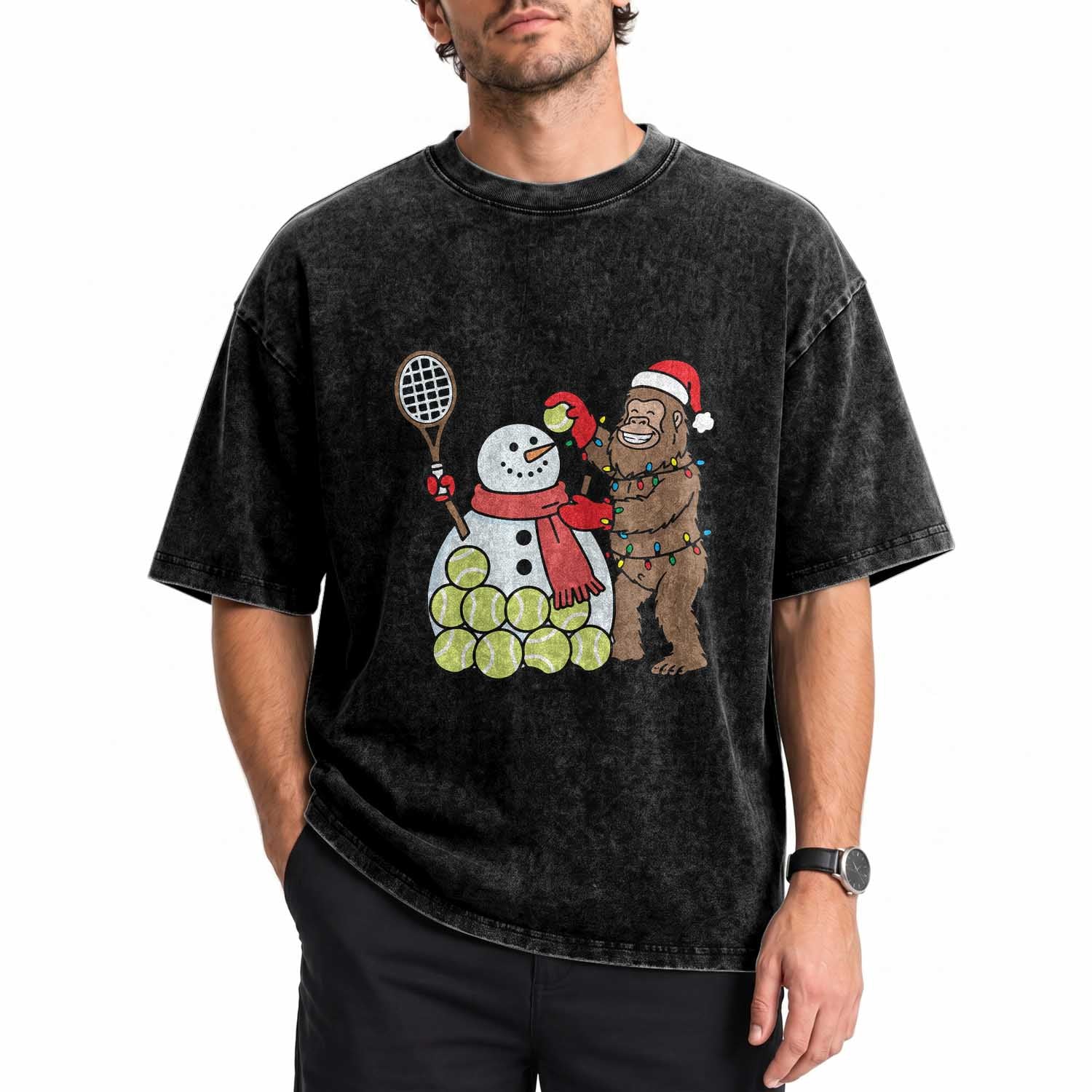 Funny Squatch Christmas Tennis Gift Washed Cotton T-Shirt Bigfoot Player Enthusiast