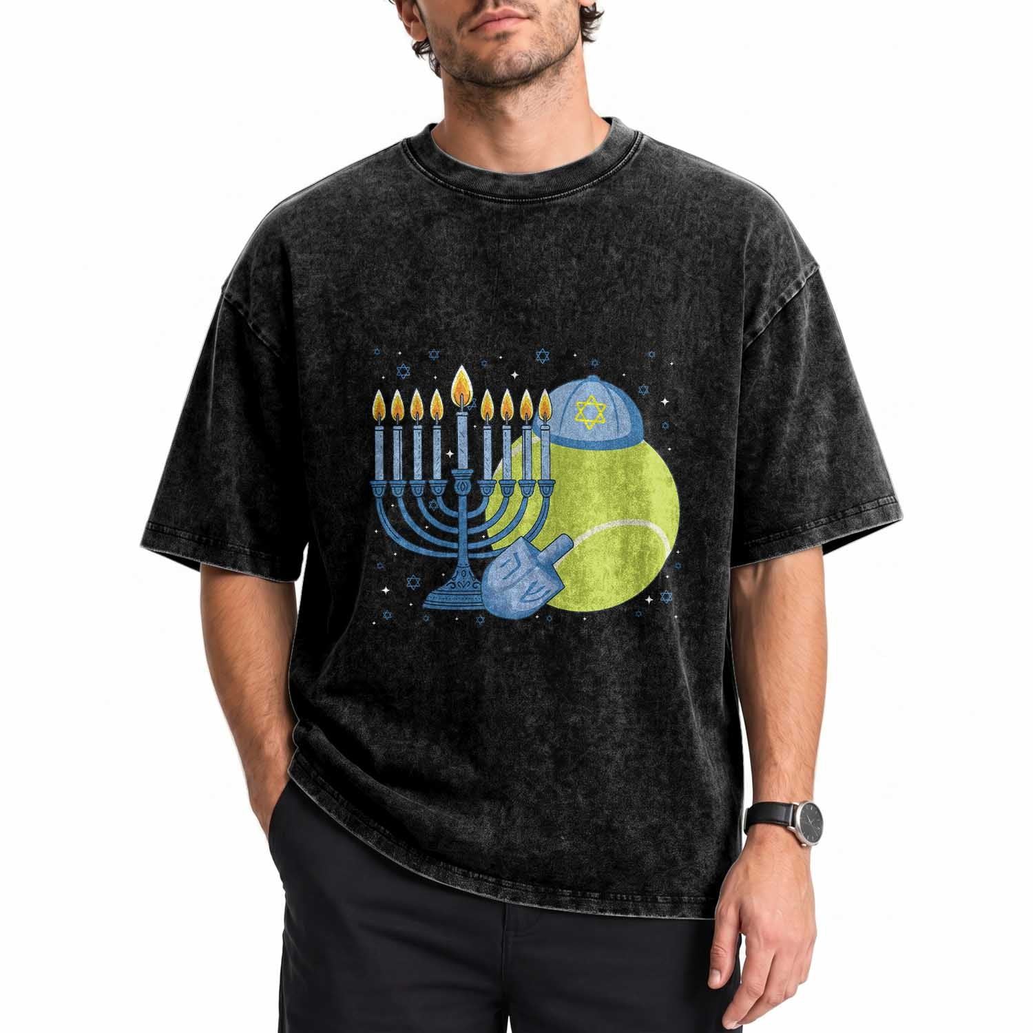 Jewish Tennis Player Hanukkah Washed Cotton T-Shirt Funny Racquet Lover Gift