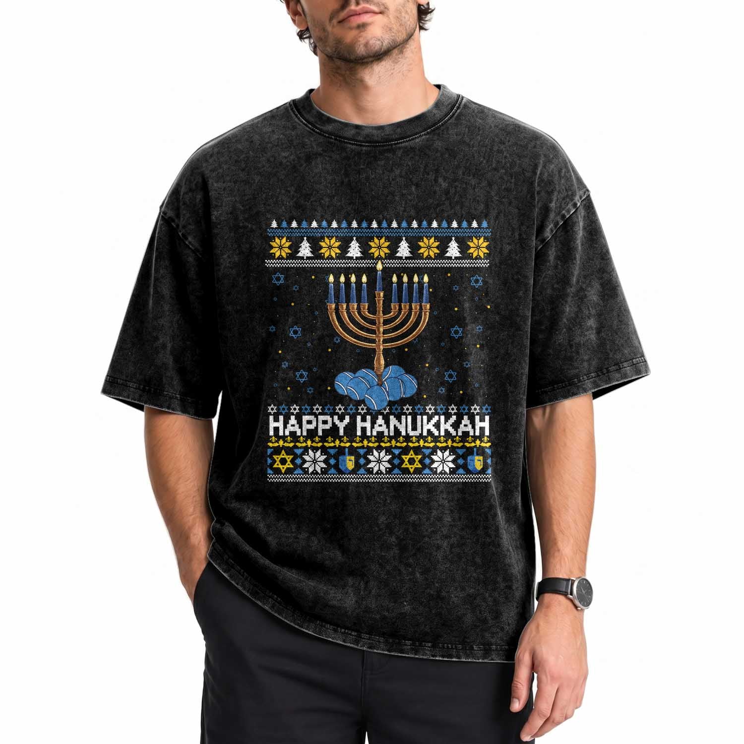 Funny Happy Hanukkah Ugly Sweater Tennis Lover Gift Washed Cotton T-Shirt