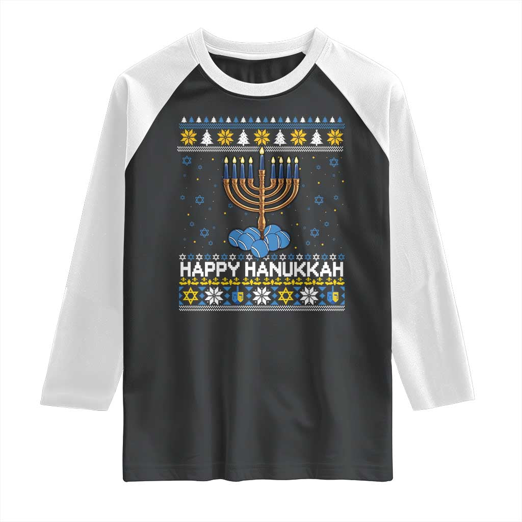 Funny Happy Hanukkah Ugly Sweater Tennis Lover Gift Raglan Shirt TS12 Black White Print Your Wear