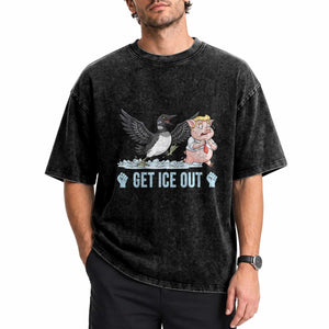 Get Ice Out Washed Cotton T-Shirt Funny Minnesota Loon Chasing Trump Pig