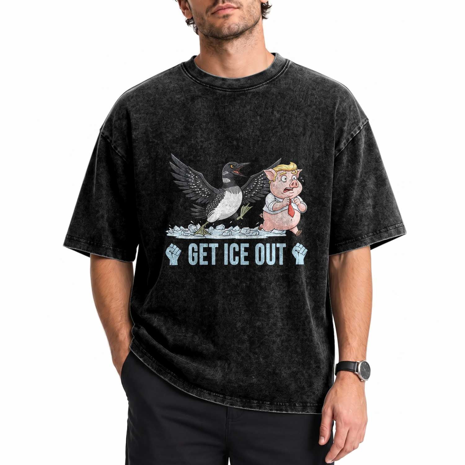 Get Ice Out Washed Cotton T-Shirt Funny Minnesota Loon Chasing Trump Pig