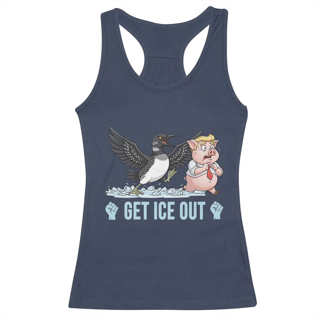 Get Ice Out Racerback Tank Top Funny Minnesota Loon Chasing Trump Pig TS12 Navy Print Your Wear