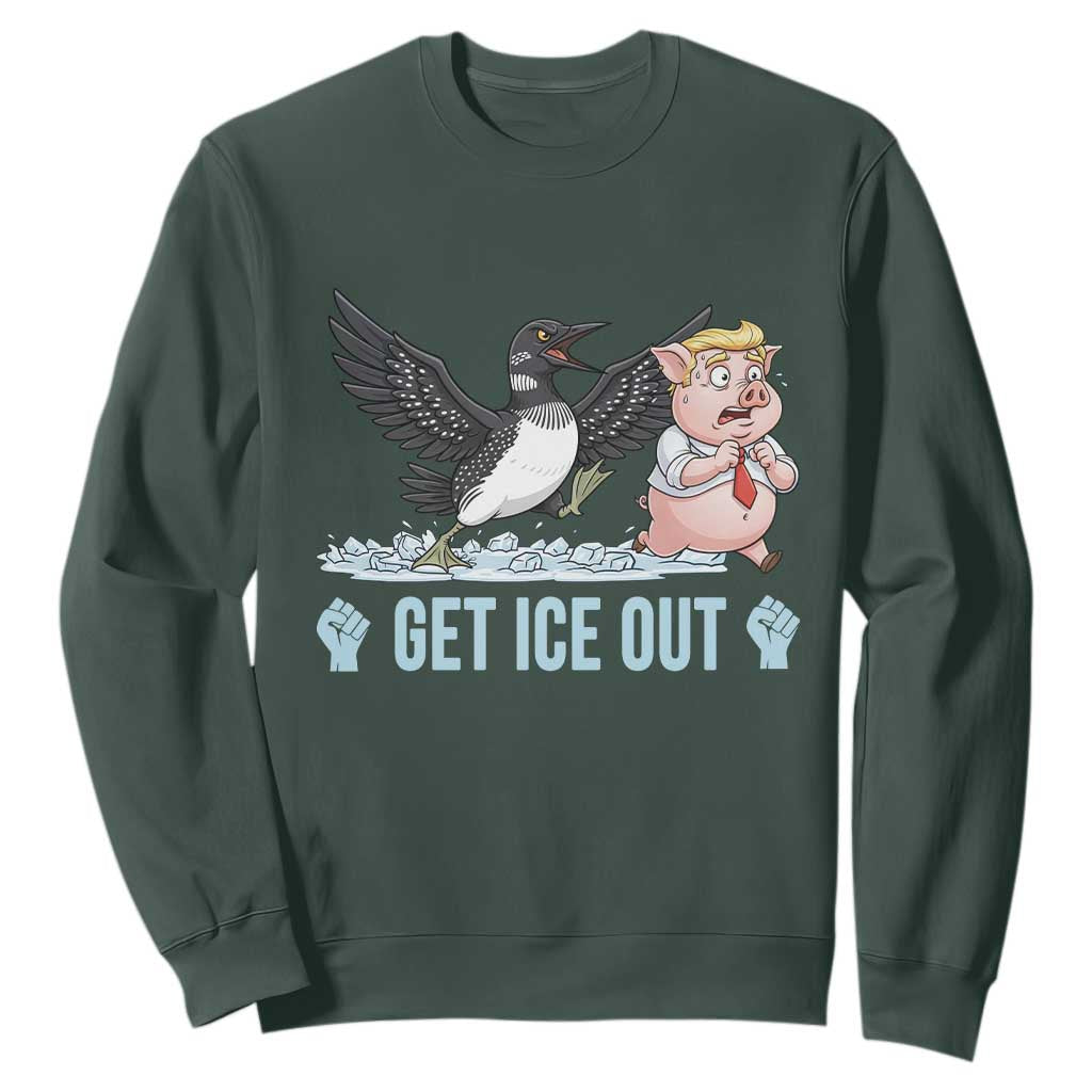 Get Ice Out Sweatshirt Funny Minnesota Loon Chasing Trump Pig TS12 Dark Forest Green Print Your Wear