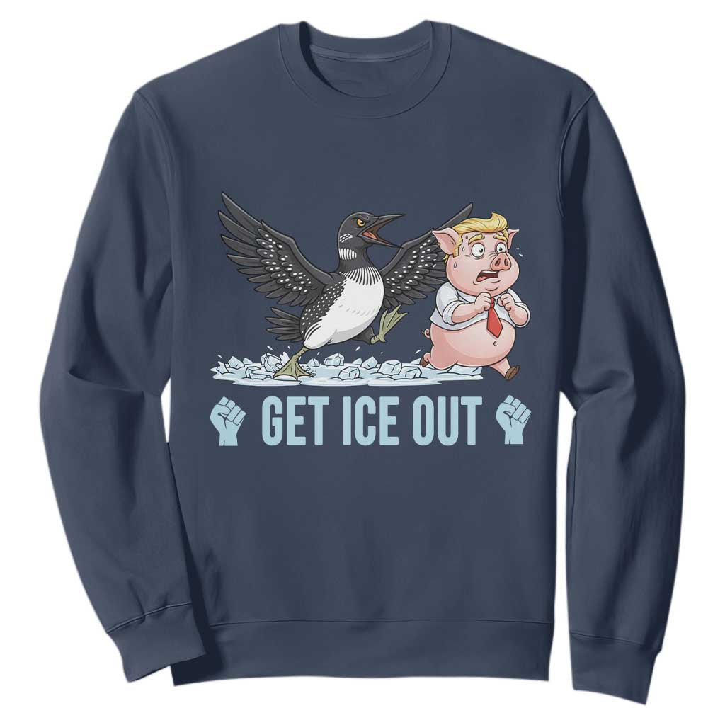 Get Ice Out Sweatshirt Funny Minnesota Loon Chasing Trump Pig TS12 Navy Print Your Wear