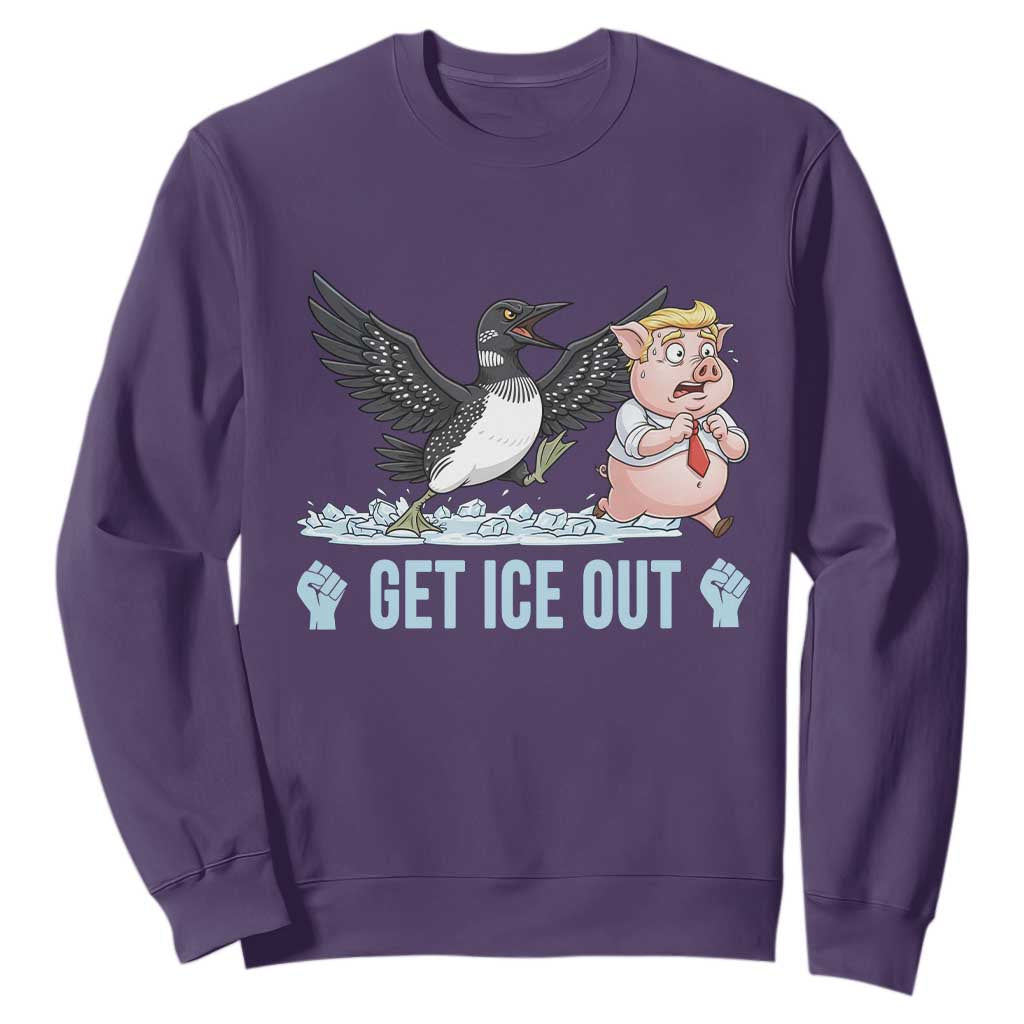 Get Ice Out Sweatshirt Funny Minnesota Loon Chasing Trump Pig TS12 Purple Print Your Wear