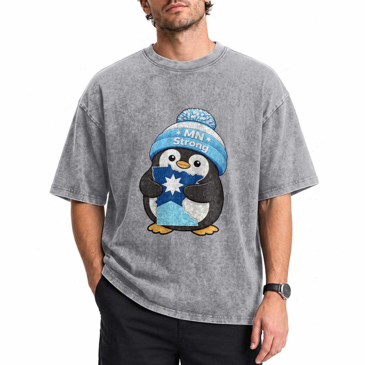MN Strong Cute Penguin Washed Cotton T-Shirt Minnesota State Pride Gift
