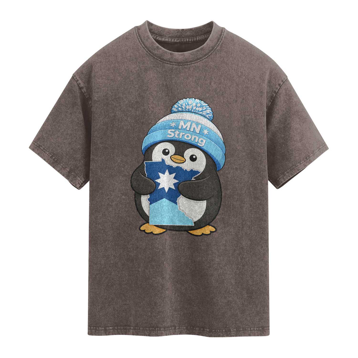 MN Strong Cute Penguin Washed Cotton T-Shirt Minnesota State Pride Gift