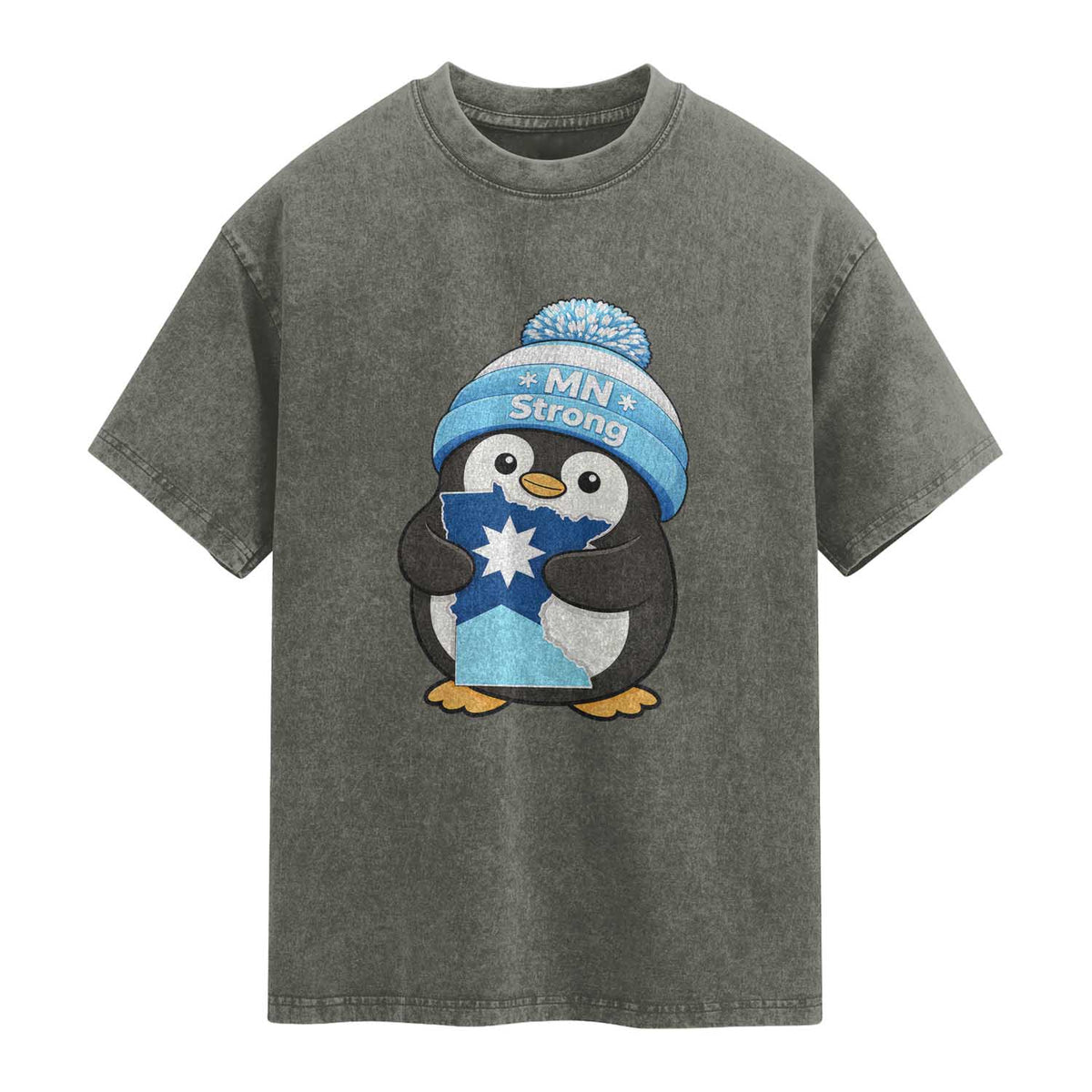 MN Strong Cute Penguin Washed Cotton T-Shirt Minnesota State Pride Gift