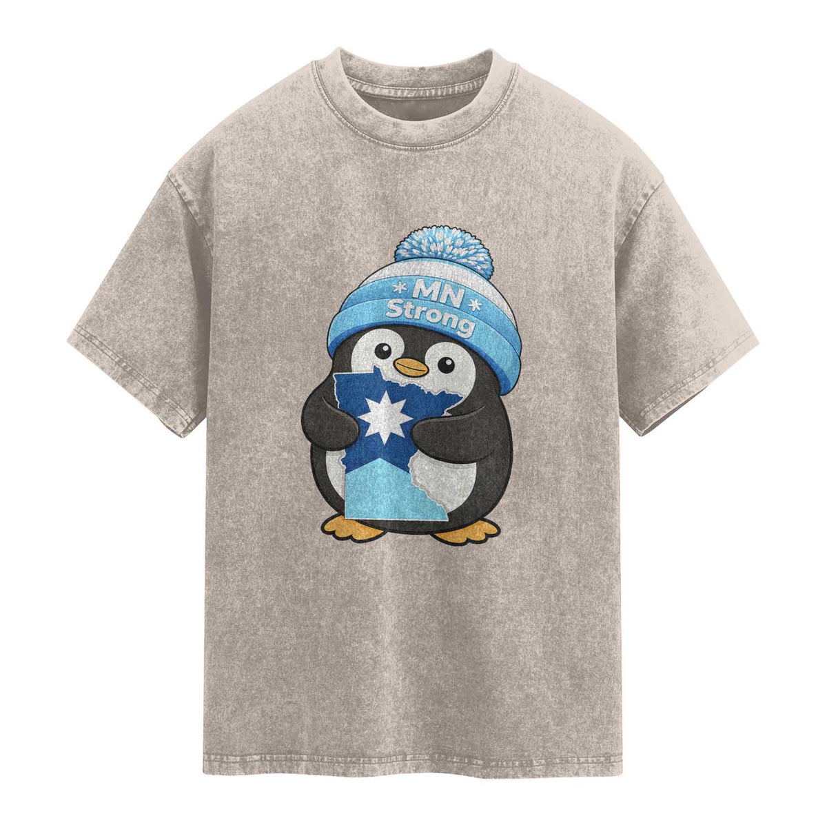 MN Strong Cute Penguin Washed Cotton T-Shirt Minnesota State Pride Gift