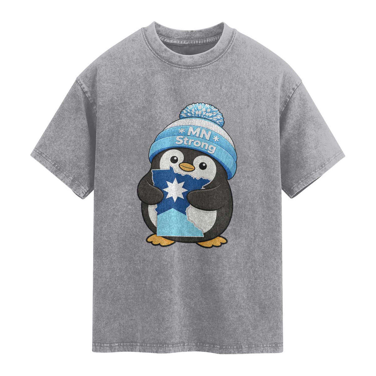 MN Strong Cute Penguin Washed Cotton T-Shirt Minnesota State Pride Gift