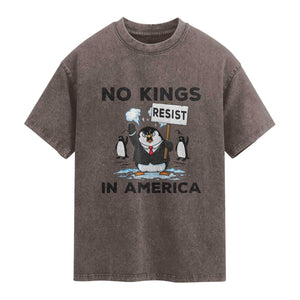 Funny Penguin Protest Washed Cotton T-Shirt No Kings In America