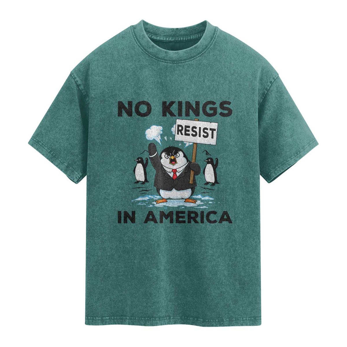 Funny Penguin Protest Washed Cotton T-Shirt No Kings In America
