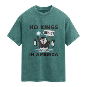 Funny Penguin Protest Washed Cotton T-Shirt No Kings In America