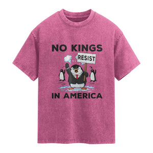 Funny Penguin Protest Washed Cotton T-Shirt No Kings In America