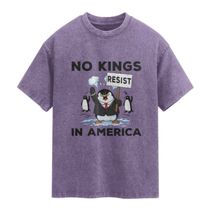 Funny Penguin Protest Washed Cotton T-Shirt No Kings In America