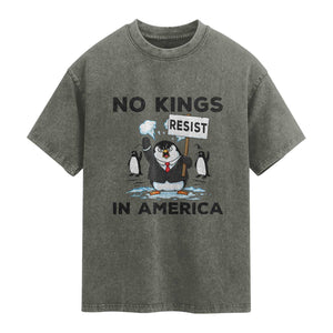 Funny Penguin Protest Washed Cotton T-Shirt No Kings In America