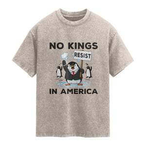 Funny Penguin Protest Washed Cotton T-Shirt No Kings In America