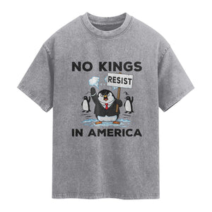 Funny Penguin Protest Washed Cotton T-Shirt No Kings In America