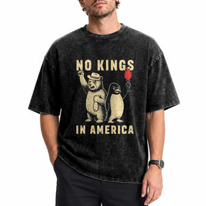 Funny Bear And Penguin Protest Washed Cotton T-Shirt No Kings In America