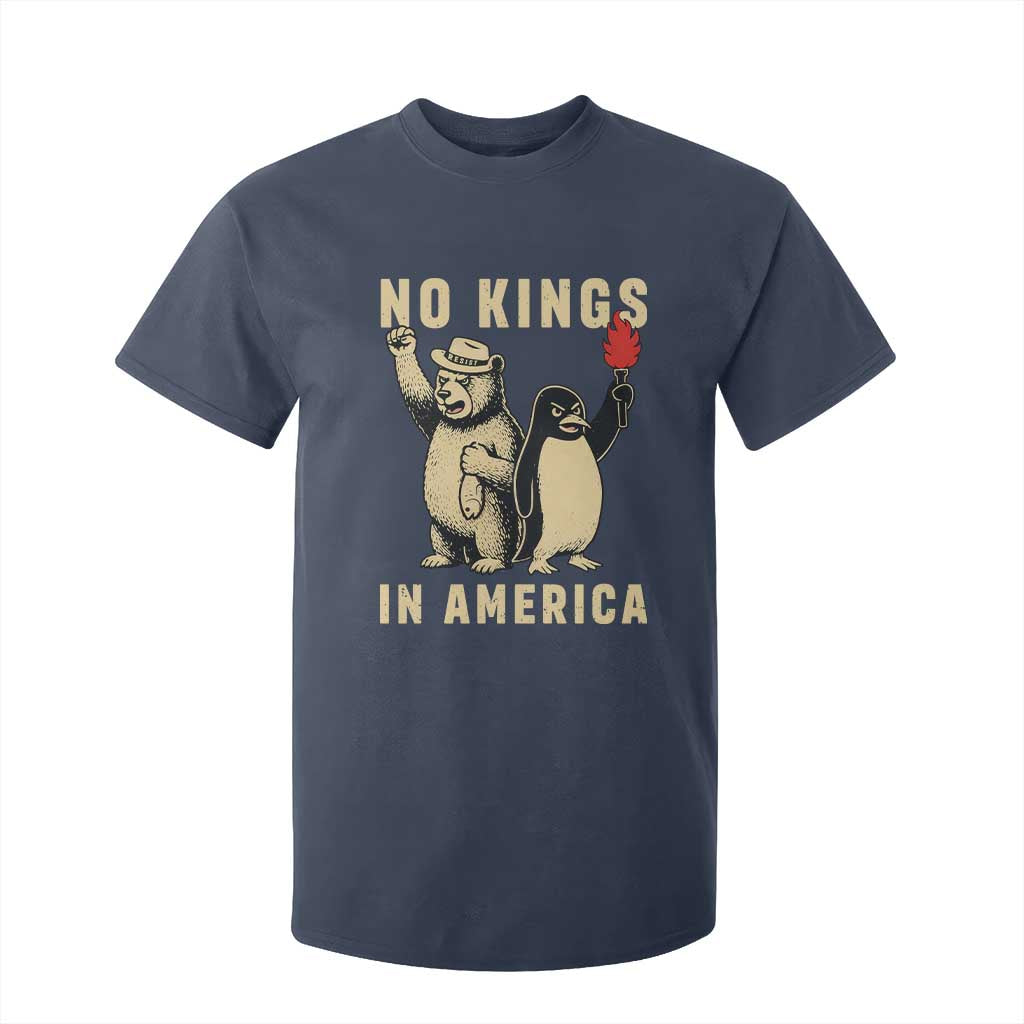 Funny Bear And Penguin Protest T Shirt For Kid No Kings In America TS12 Navy Print Your Wear