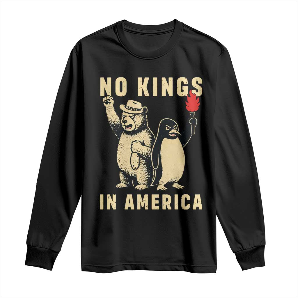 Funny Bear And Penguin Protest Long Sleeve Shirt No Kings In America TS12 Black Print Your Wear