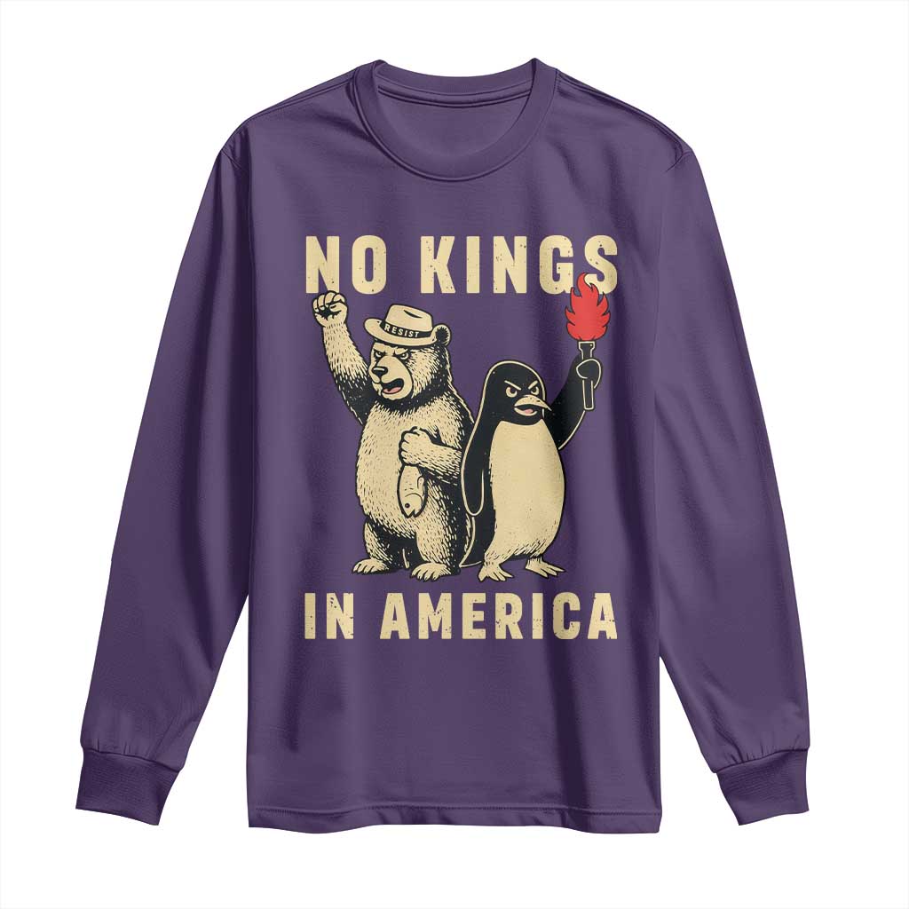 Funny Bear And Penguin Protest Long Sleeve Shirt No Kings In America TS12 Purple Print Your Wear