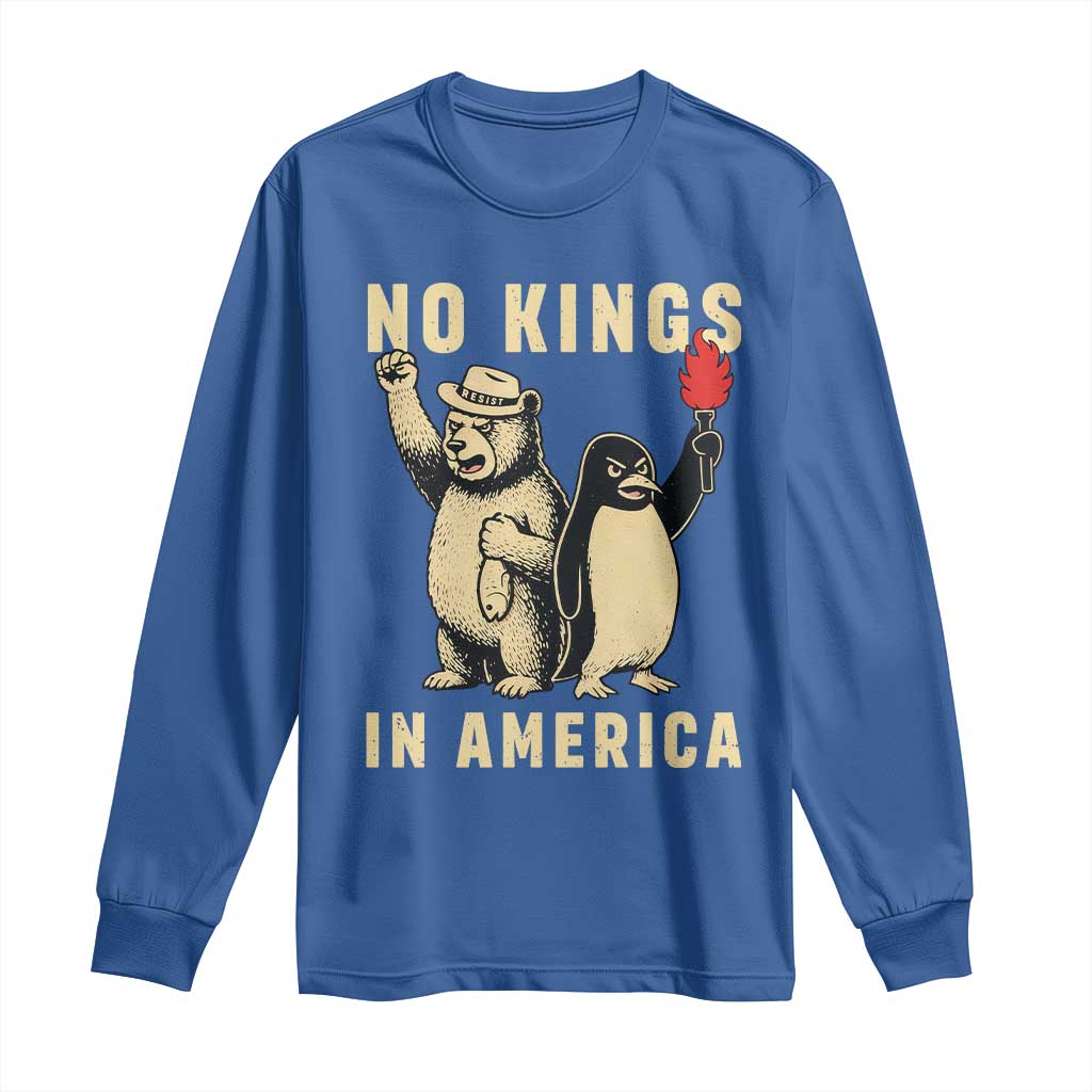 Funny Bear And Penguin Protest Long Sleeve Shirt No Kings In America TS12 Royal Blue Print Your Wear