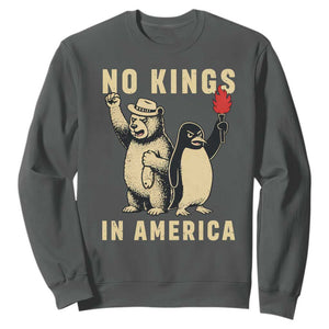 Funny Bear And Penguin Protest Sweatshirt No Kings In America TS12 Dark Heather Print Your Wear