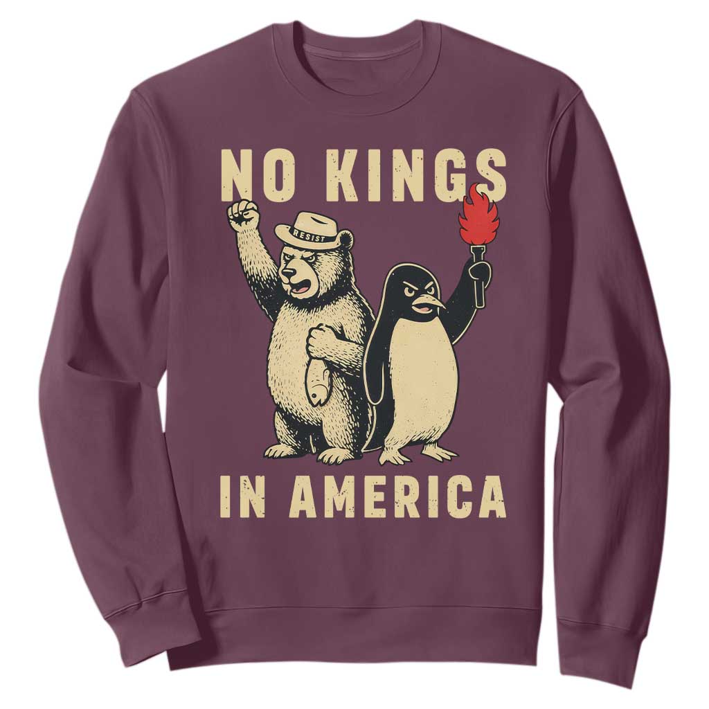 Funny Bear And Penguin Protest Sweatshirt No Kings In America TS12 Maroon Print Your Wear