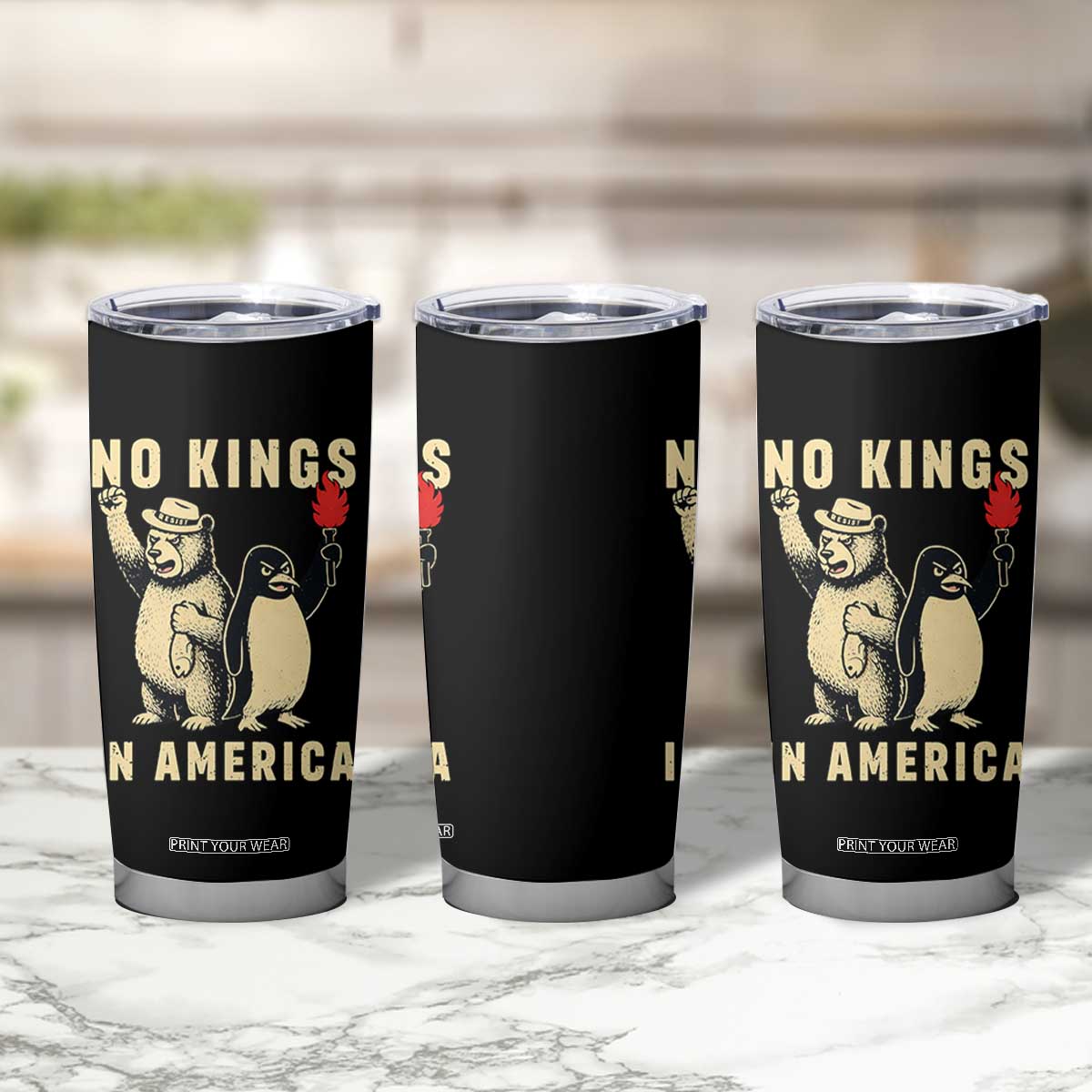 Funny Bear And Penguin Protest Tumbler Cup No Kings In America TS12 Print Your Wear