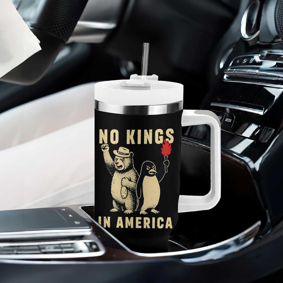 Funny Bear And Penguin Protest Tumbler With Handle No Kings In America TS12 Print Your Wear