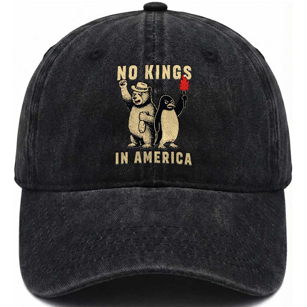 Funny Bear And Penguin Protest Washed Cotton Baseball Cap No Kings In America TS12 Print Your Wear