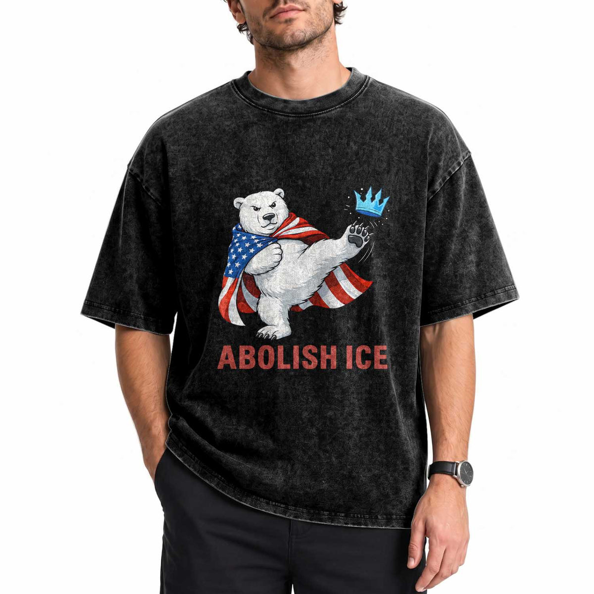 Abolish Ice Washed Cotton T-Shirt Funny Polar Bear Kicking Crown