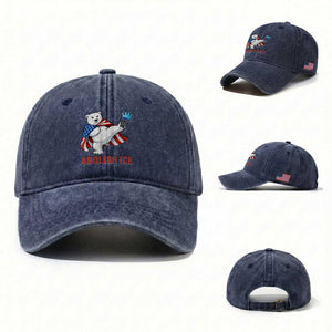 Abolish Ice Washed Cotton Baseball Cap Funny Polar Bear Kicking Crown TS12 Washed Cap Universal Fit Navy Print Your Wear