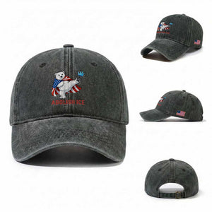 Abolish Ice Washed Cotton Baseball Cap Funny Polar Bear Kicking Crown TS12 Washed Cap Universal Fit Dark Green Print Your Wear