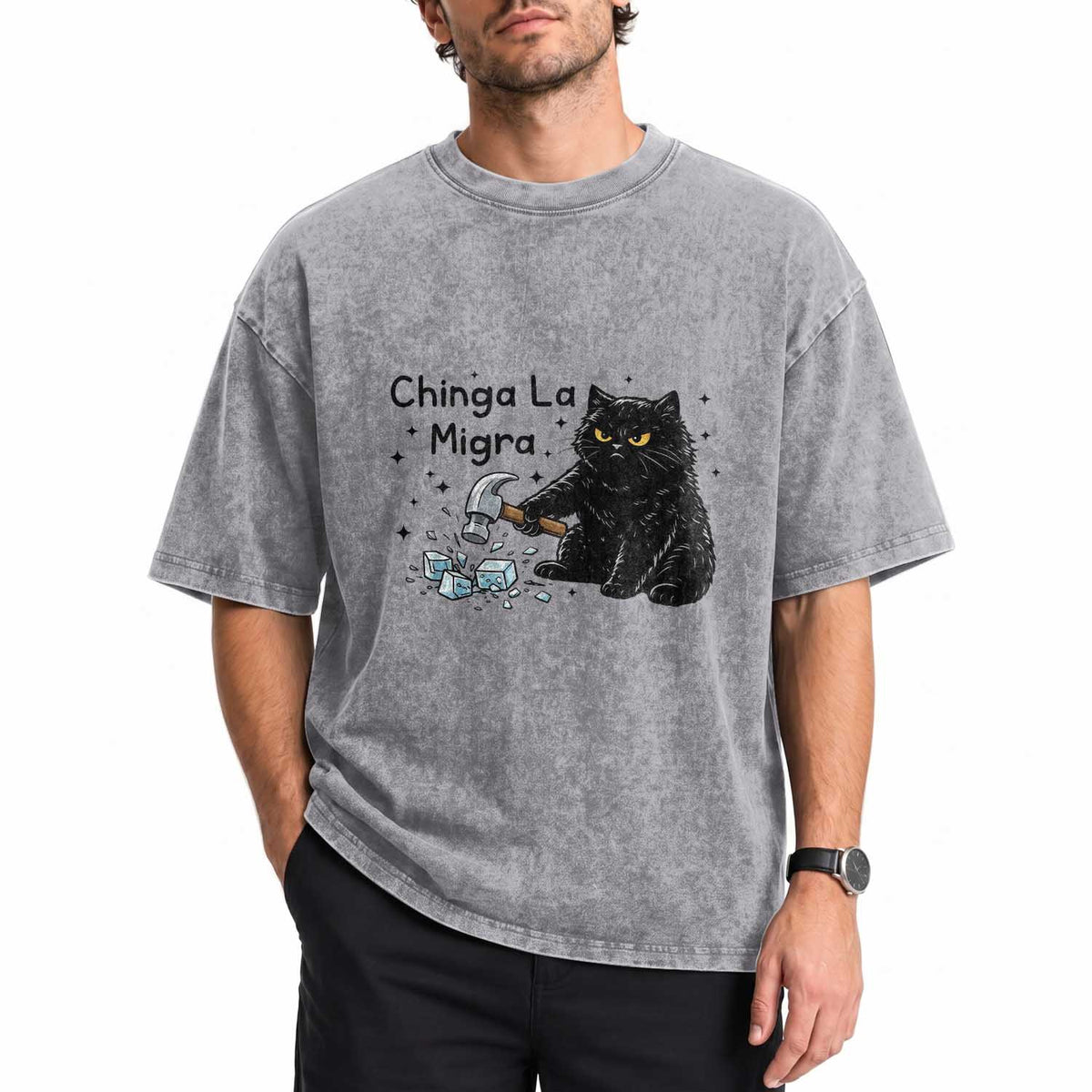 Chinga La Migra Washed Cotton T-Shirt Funny Cat Immigration Support