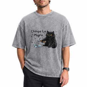 Chinga La Migra Washed Cotton T-Shirt Funny Cat Immigration Support