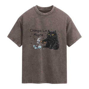 Chinga La Migra Washed Cotton T-Shirt Funny Cat Immigration Support