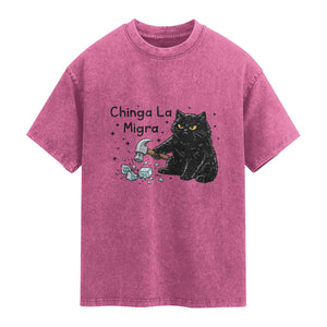 Chinga La Migra Washed Cotton T-Shirt Funny Cat Immigration Support