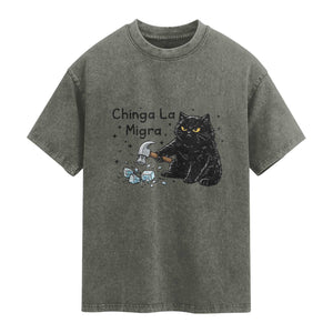 Chinga La Migra Washed Cotton T-Shirt Funny Cat Immigration Support