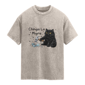 Chinga La Migra Washed Cotton T-Shirt Funny Cat Immigration Support