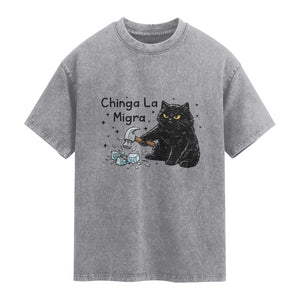 Chinga La Migra Washed Cotton T-Shirt Funny Cat Immigration Support