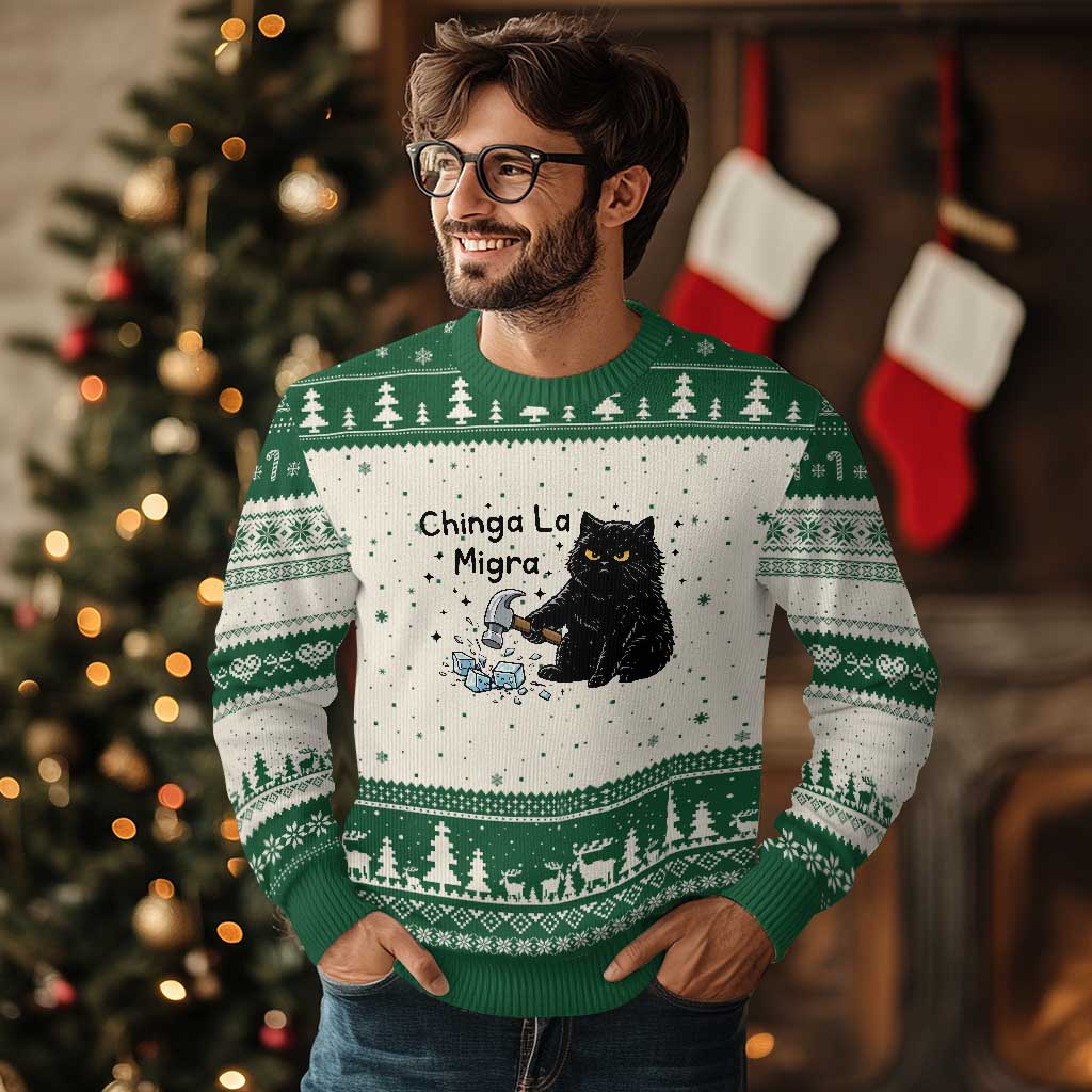 Chinga La Migra Ugly Christmas Sweater Funny Cat Immigration Support TS12 Beige Green Print Your Wear