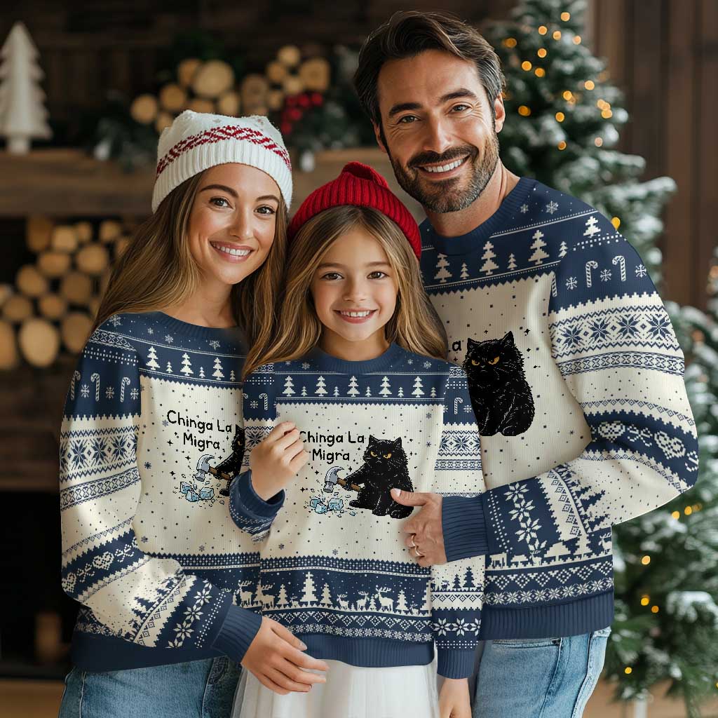 Chinga La Migra Ugly Christmas Sweater Funny Cat Immigration Support TS12 Beige Navy Print Your Wear