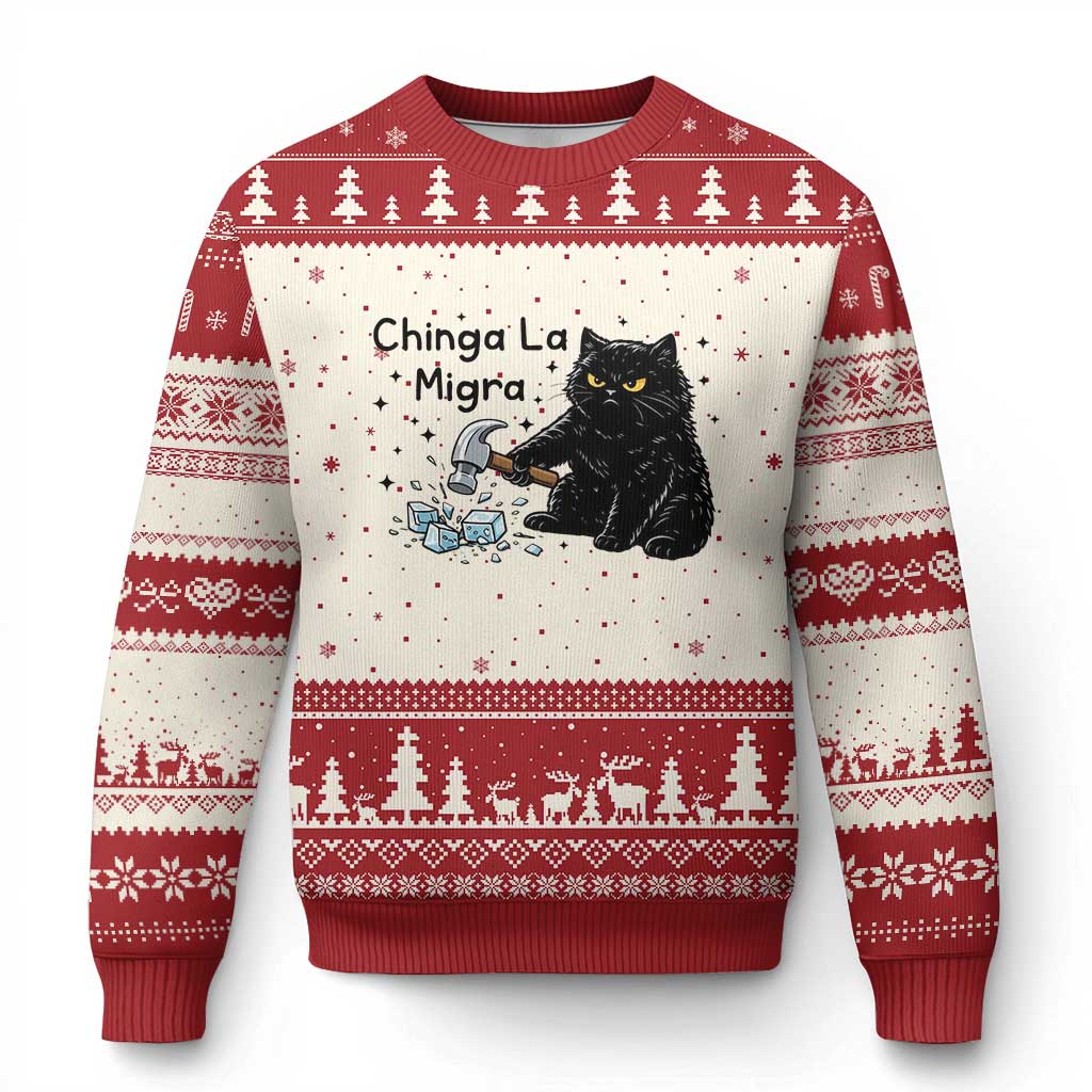 Chinga La Migra Ugly Christmas Sweater Funny Cat Immigration Support TS12 Beige Red Print Your Wear